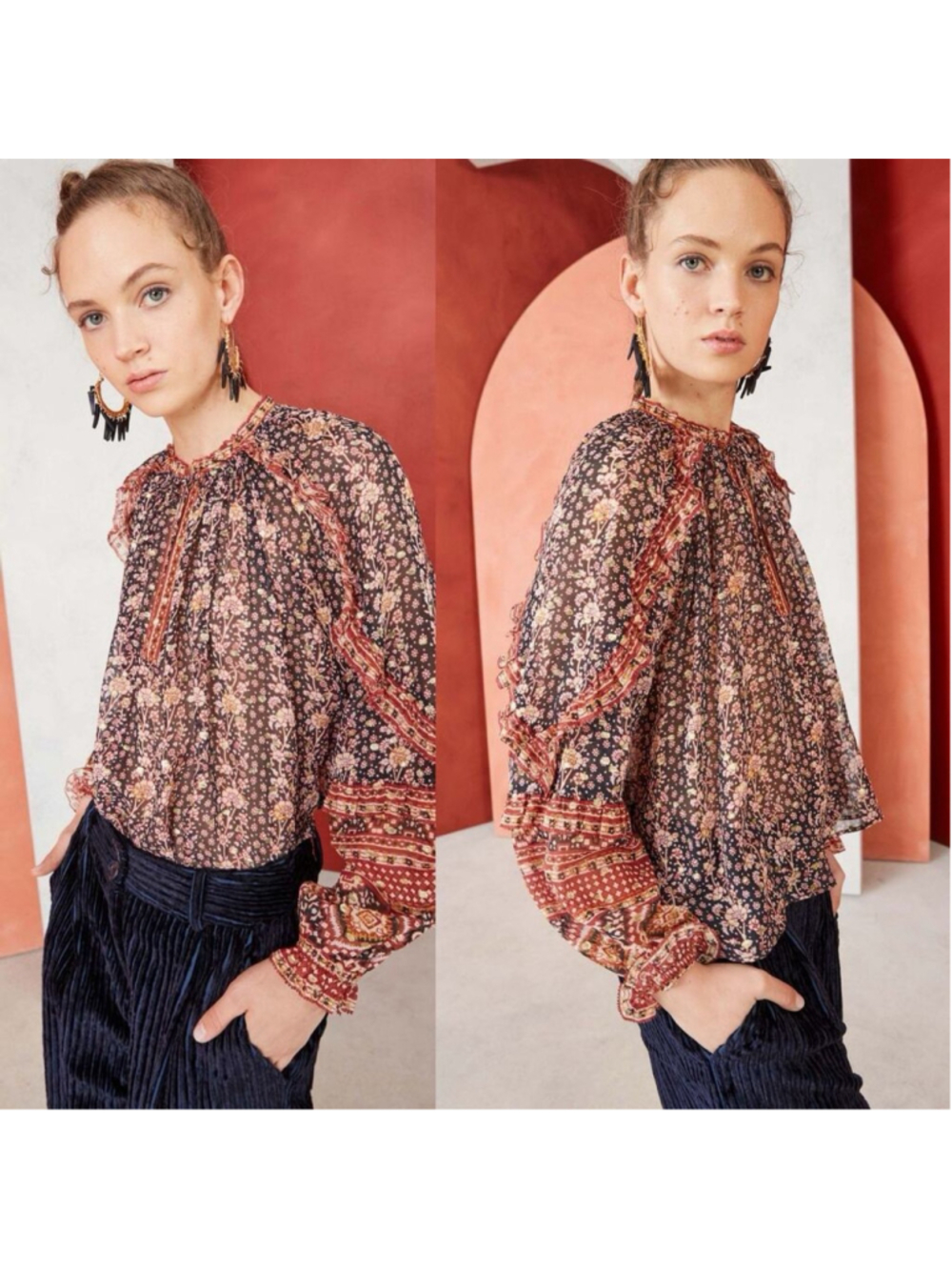 Ulla Johnson Calista Silk Indian Floral Metallic Balloon Sleeve Blouse Top 0 XS